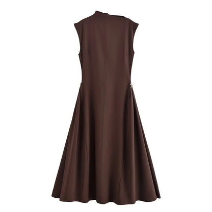 KONDALA Vintage Brown Elegant Woman Dresses Fashion 2025 Pleated Asymmetric Sleeveless Dress Chic Evening Party Female Vestidos