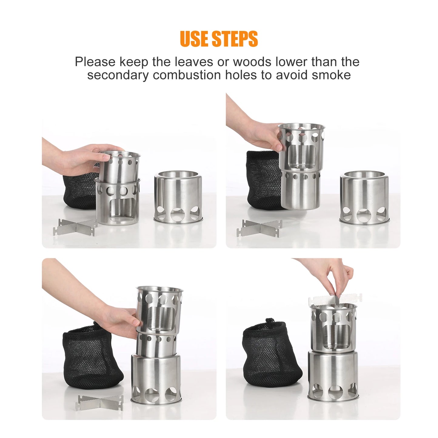 Camping Stove Portable Stainless Steel Lightweight Wood-Burning Stove Outdoor Cooking Picnic Camping Burner Wood-Burning Stove