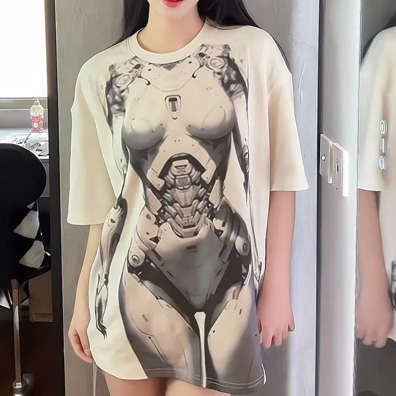 2024 Summer New Streetwear Bold Women's Crew Neck Pullover Cotton England Geometric Printed Loose Midi Short Sleeve T-shirt Tops