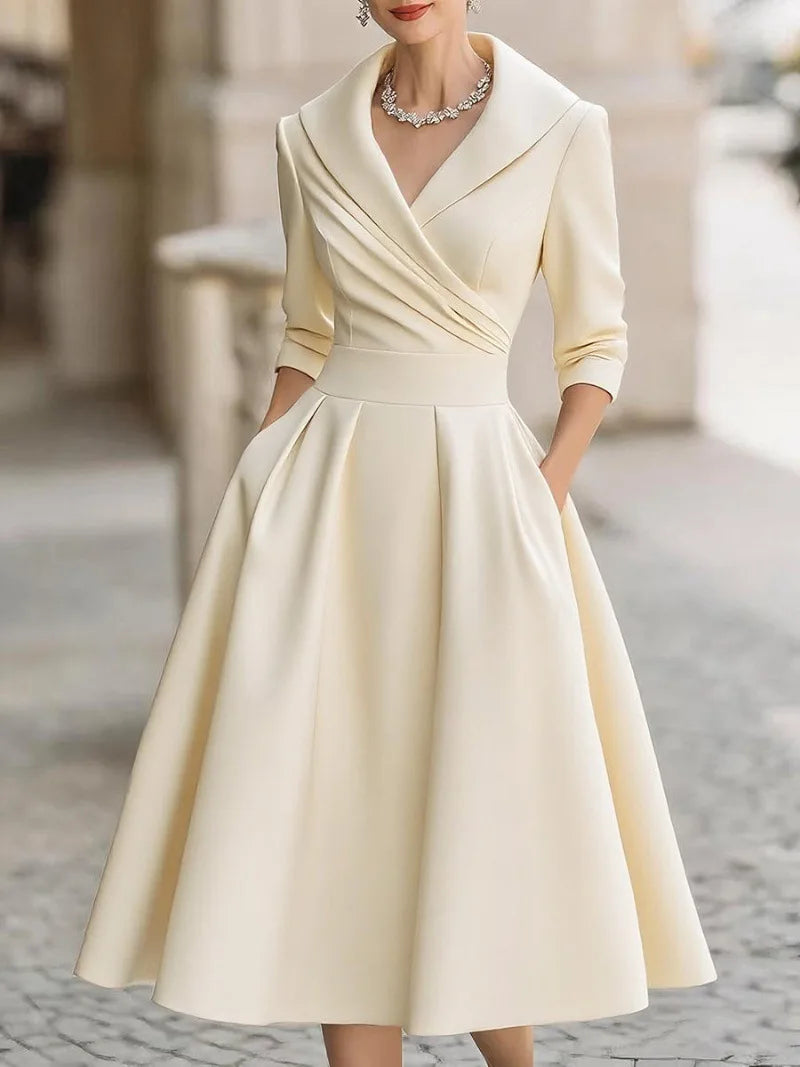 Elegant Solid Color Waist Cinching Sexy V-neck Dress Autumn Winter Women's Clothing New Long Sleeved Dress Pockets Ropa Mujer