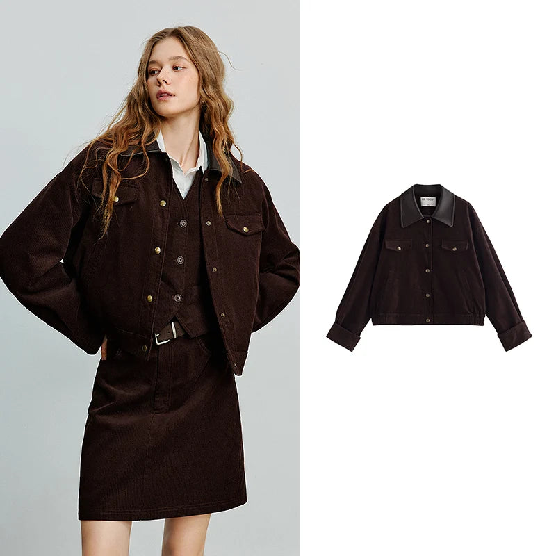 TOYOUTH Women Jacket 2025 Autumn New Collection Lulu style Retro Corduroy Splicing Collar Loose Short Coat