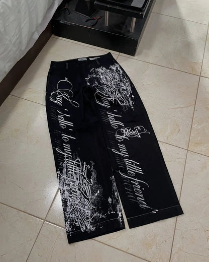 New Cyberpunk Jeans Mens American Y2K Red Graphic Street Goth Baggy Wide-Leg Pants Harajuku Hip-Hop Straight Pants