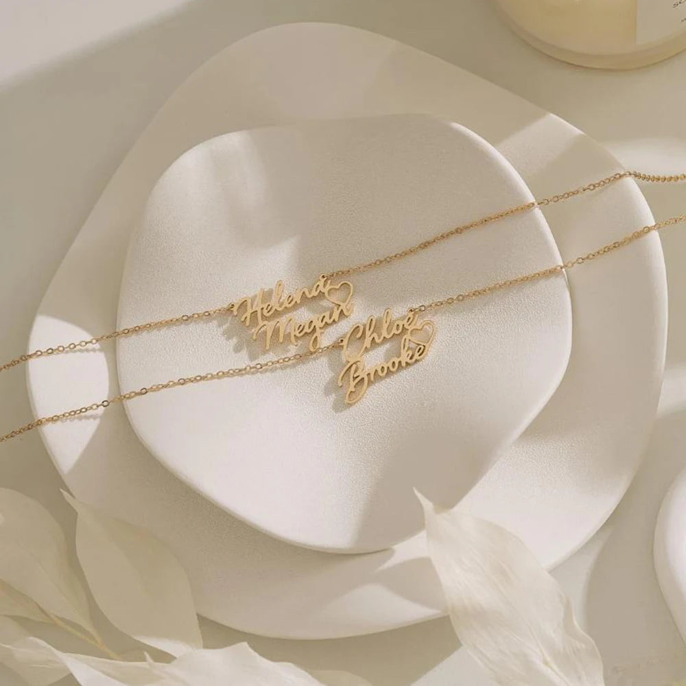 Personalized double name necklace with heart shape, Customized name necklace, Couple necklace, Mother necklace