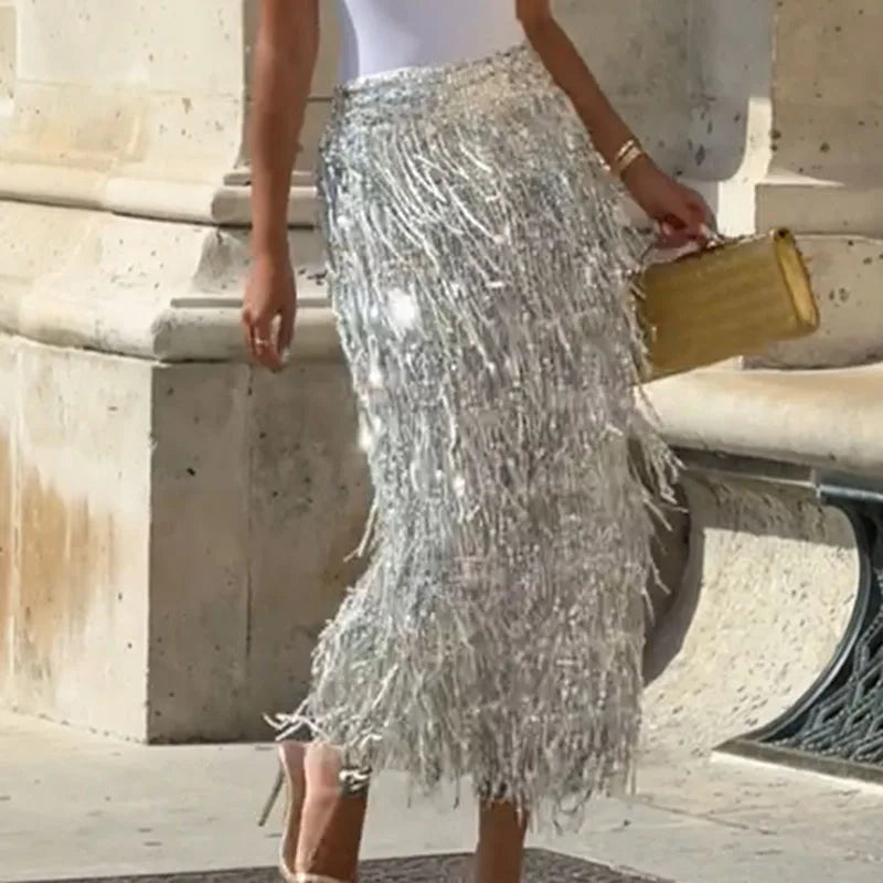 Stylish Glitter Sequined Sparkly Evening Skirts Elegant 2026 Spring High Waist Slim Split Tassel Skirt Summer Sexy Women's Skirt