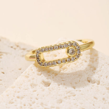 Golden Plated Open Adjustable Ring with Synthetic Zircon Paperclip Charm for Women Minimalist Trendy Statement Jewelry Gift