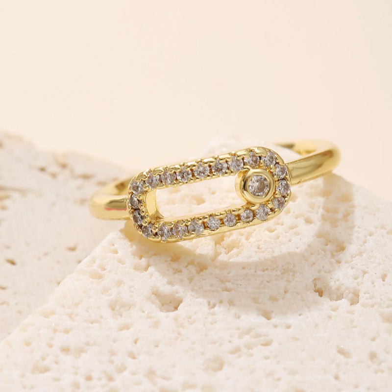 Golden Plated Open Adjustable Ring with Synthetic Zircon Paperclip Charm for Women Minimalist Trendy Statement Jewelry Gift