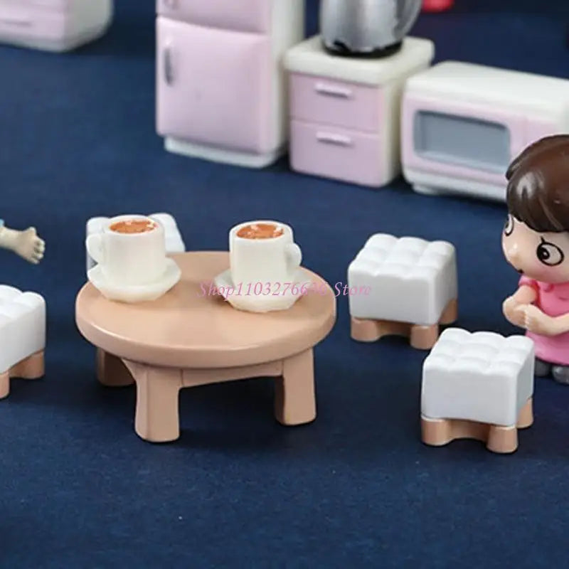 R6FD Dollhouses Living Room Furniture Sofa Set with Coffee Cup and Table Display Props