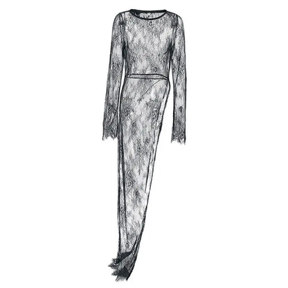 Casual Pullover Lace Dress Long Pullover Dress Non Stretch Fabric Dress Perspective O-Neck Dress Regular Length Dress