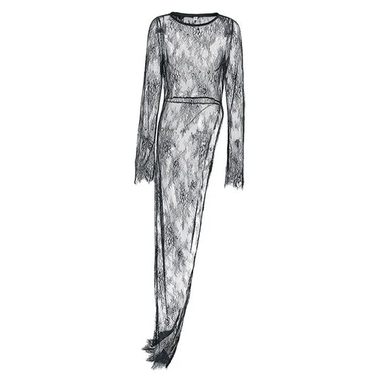 Casual Pullover Lace Dress Long Pullover Dress Non Stretch Fabric Dress Perspective O-Neck Dress Regular Length Dress