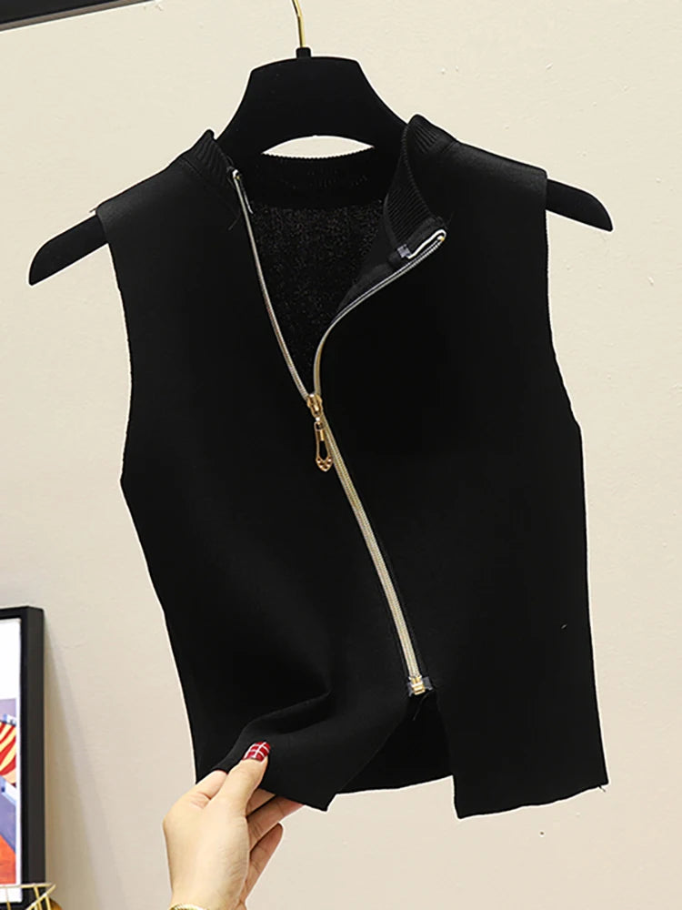 2026 Summer Spring zipper Knit Tank Top Cami Korean Camisole Elastic Vest O Neck Solid Color New Slim Breathable Tops White