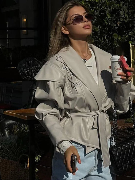 Street Solid Color Lace Up Leather Jacket Woman Waist Cinching Long Sleeves Lapel Coat Casual Versatile Women's New Chic Jackets