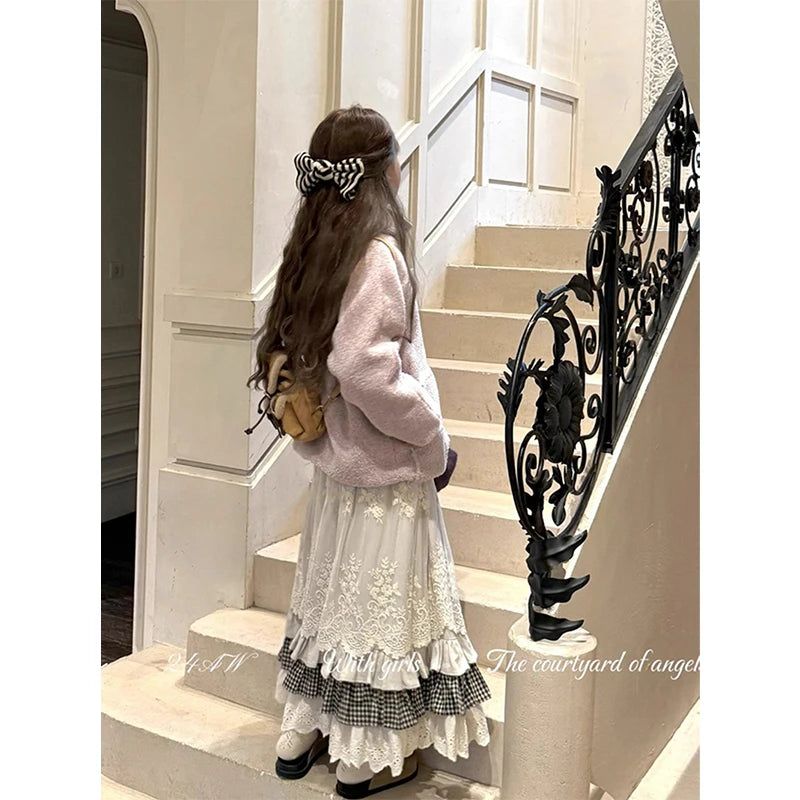 MEXZT Vintage Midi Skirt Women Kawaii Lace Plaid Patchwork Skirts Winter Harajuku Korean Ruffles High Waist Casual A Line Faldas