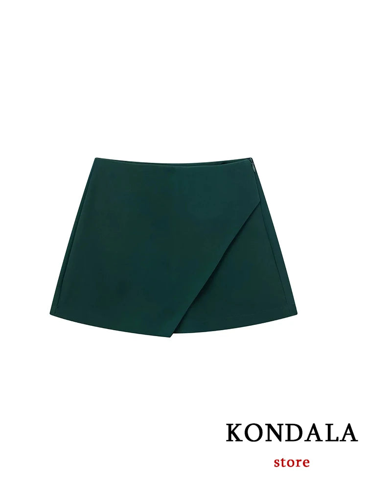 KONDALA Women Fashion 2025 Casual Mini Asymmetrical Skirts Shorts High Waist Back Pockets Wide Leg Skirts Zipper Female Shorts