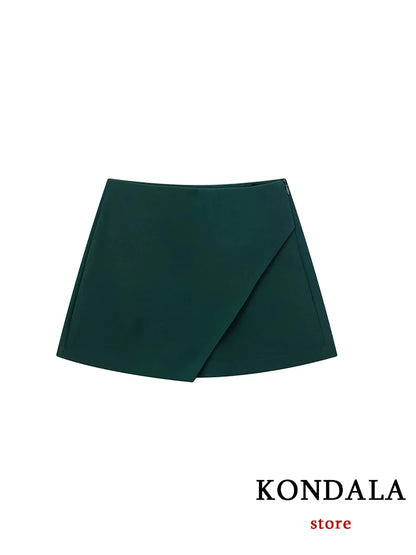 KONDALA Women Fashion 2025 Casual Mini Asymmetrical Skirts Shorts High Waist Back Pockets Wide Leg Skirts Zipper Female Shorts