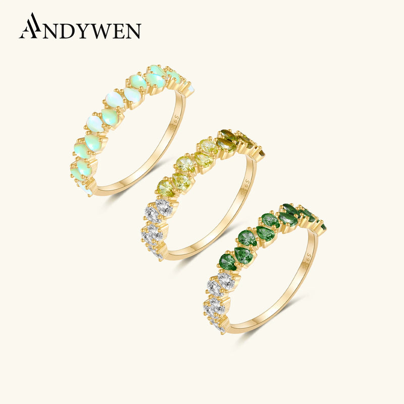 ANDYWEN New 925 Sterling Silver Pear Green Olive CZ Zircon Colorful Ring Women Luxury Fine Jewelry 2024 Spring Fine Jewelry