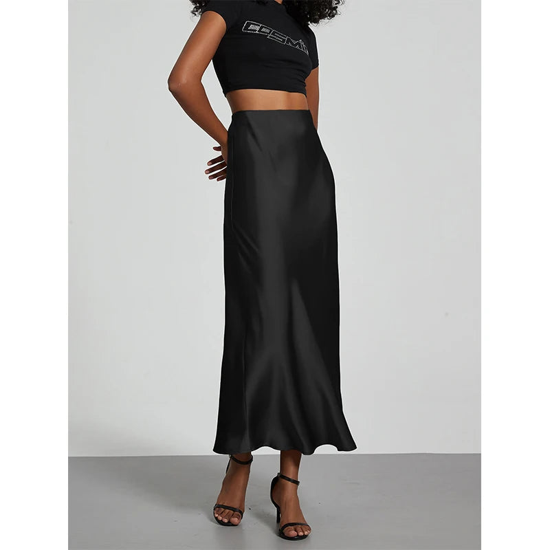 Fashion Satin Party Long Skirt High Waist Solid Color Casual Basic Women Skirts Fishtail Skirt Chic Summer Woman Clothing 2025