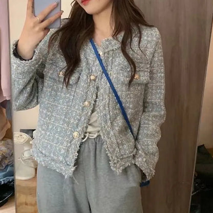 HJLZWB New Fashion Korean Chic Vintage Tweed Woolen Jacket Coat Women Autumn Single Breasted Plaid Tassel Office Lady Outwea2023