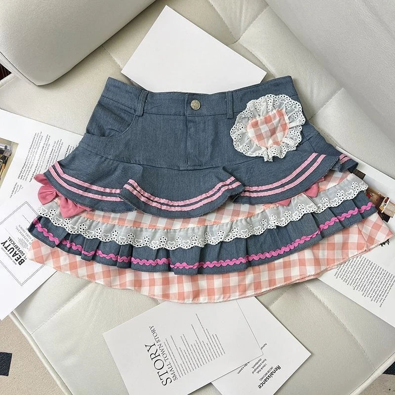 Preppy Style Lolita Kawaii Skirts Japanese Sweet Mini Women Harajuku Cute Ball Denim Y2K High Waist Lace Cake Skirts