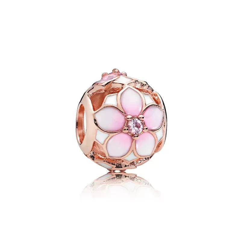 Rose Gold Plated Charms for Bracelet DIY Jewelry Making Heart Flower Strawberry Butterfly Paw Print CZ Pendant Beads Women Gift