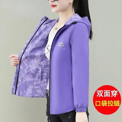 Double-Sided Wear Hooded Windbreaker Women Coat 2025 New Spring Autumn Korean Fashion Loose Jacket Female Mom Outwear Tops T947