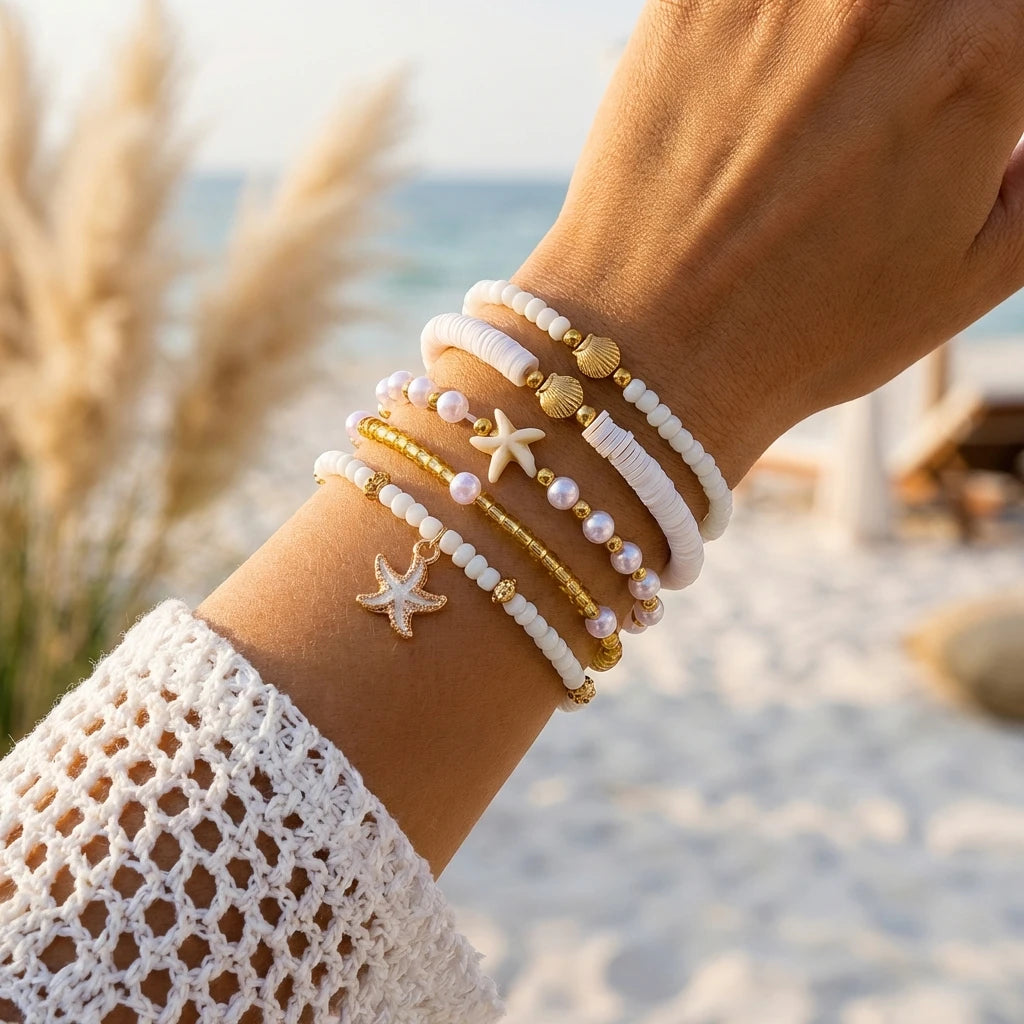Cute Coral Starfish Shell Multi-Layer Bracelet for Women Ocean Series Fashion Stackable Beaded Jewelry Accessories