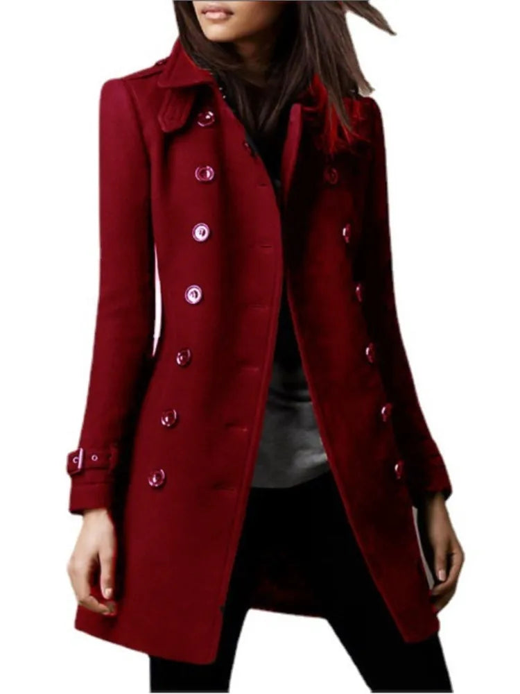 Winter Ladies Woolen Jackets Double Breasted Flap Lapel Lined Top Coat Solid Slim Elegant Womens Outerwear 2024