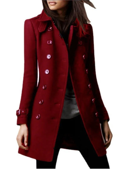 Winter Ladies Woolen Jackets Double Breasted Flap Lapel Lined Top Coat Solid Slim Elegant Womens Outerwear 2024