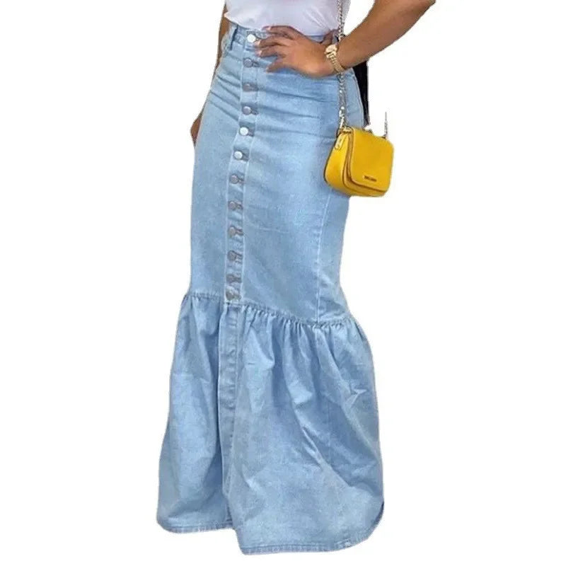 Fishtail Denim Long Skirt Women Full Length Mermaid Trumpet Ruffle Breasted Sexy High Waist Stretchy Skirts 2024 Streetwear