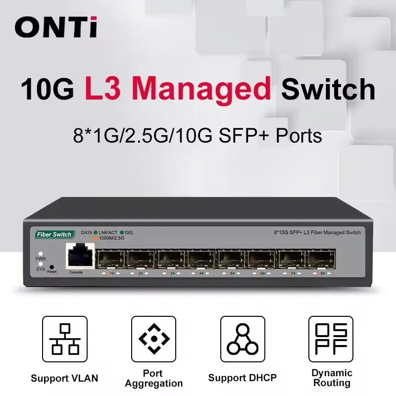 8 10-gigabit SFP+ Ports L3 Managed Network Switch Support DHCP and Dynamic Routing Support VLAN Division and Port Aggregation