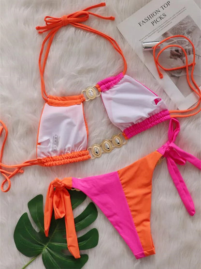 Luxury Rhinestones Splicing Bikini Set Women Halter Patchwork Cut Out Push Up Diamond Swimsuit 2024 Bathing Suit Thong Swimwear