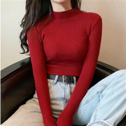 2026 Autumn Basic Bottoming Sweater Top Women Ribbed Soft Mock Neck Elastic Pullover Warm Solid Color Slim Jumper