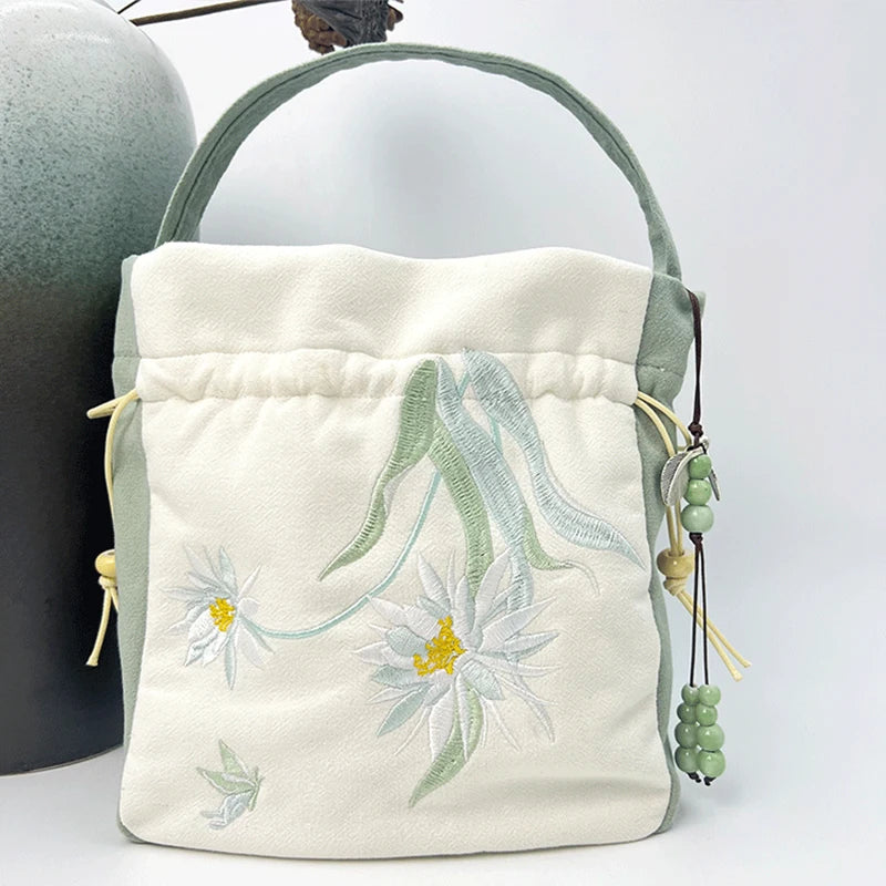 Chinese Style Retro Flower Embroidery Crossbody Top-handle Bags Women Shoulder Lace Drawstring Bucket Bag Coin Purses Handbags
