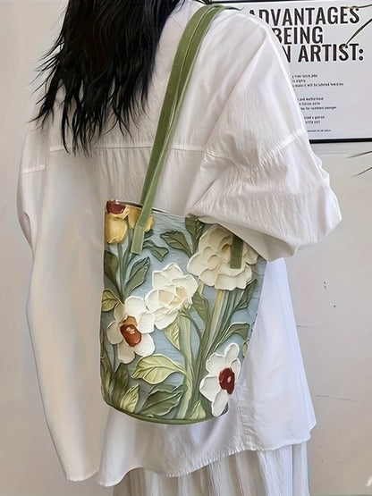 Large-Capacity Bucket Bag for Women Fashion Handbag Casual Shoulder Storage with Lovely Flower Design Premium Sense