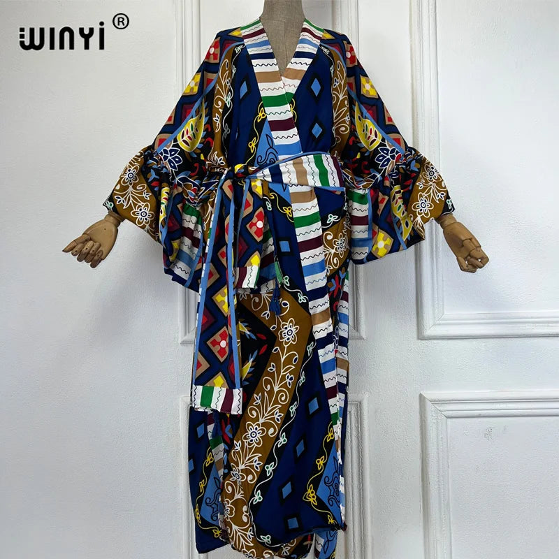 WINYI cotton feeling kimono print Self Belted dress Women Elegant holiday Bubble sleeve cardigan beach Wear Swim Suit cover up