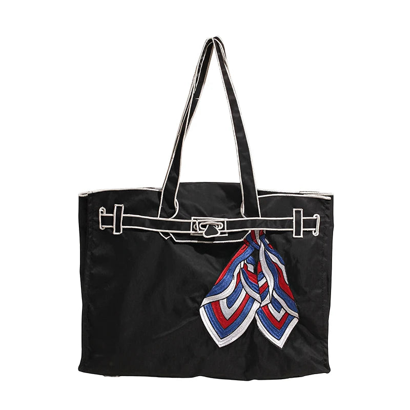 Japanese Nylon Silk Scarf Embroider Tote Bag Large Capacity Fashion Shoulder Bag for School Work Shopping Retro Handbag 2025 NEW
