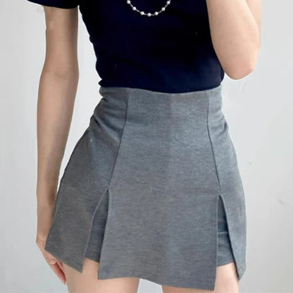 Women High Waist Front Slit Mini Skirt American Vintage All-match Package Hips Pleated Skirts Side Zipper With Shorts Underwear
