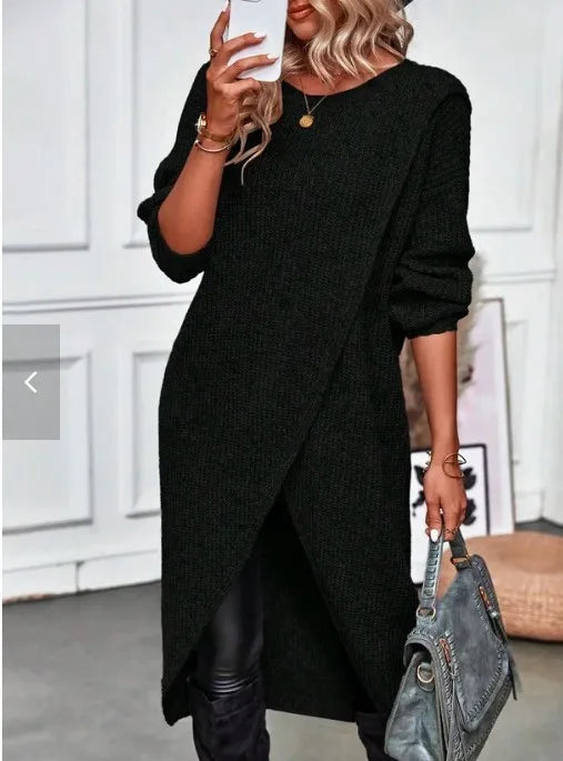 Women's Autumn Knitted Long Dress Solid Color Round Neck Pullover Long Sleeve Slim Temperament Commuting Irregular Dress Jacket