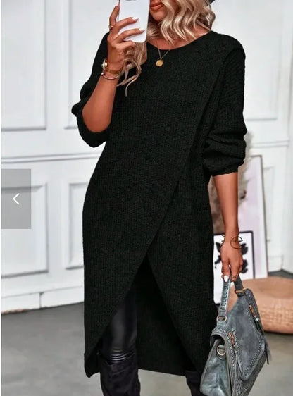 Women's Autumn Knitted Long Dress Solid Color Round Neck Pullover Long Sleeve Slim Temperament Commuting Irregular Dress Jacket