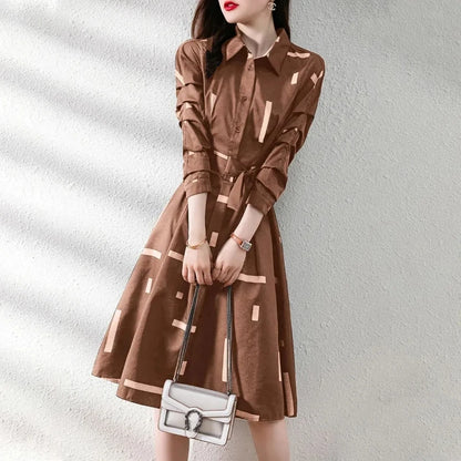 Simplicity Fashion Spring Shirt Dresses Women Lapel Geometric Print Button Belt Korean Office Lady Long Sleeve Slim Midi Dress