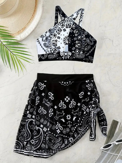 VigoCasey 2025 Print Hollow Cross Bikini Set Straps Tied Skirt Swimwear For Women Bsckless 2 Piece Beach Swimsuit Bathing Suit