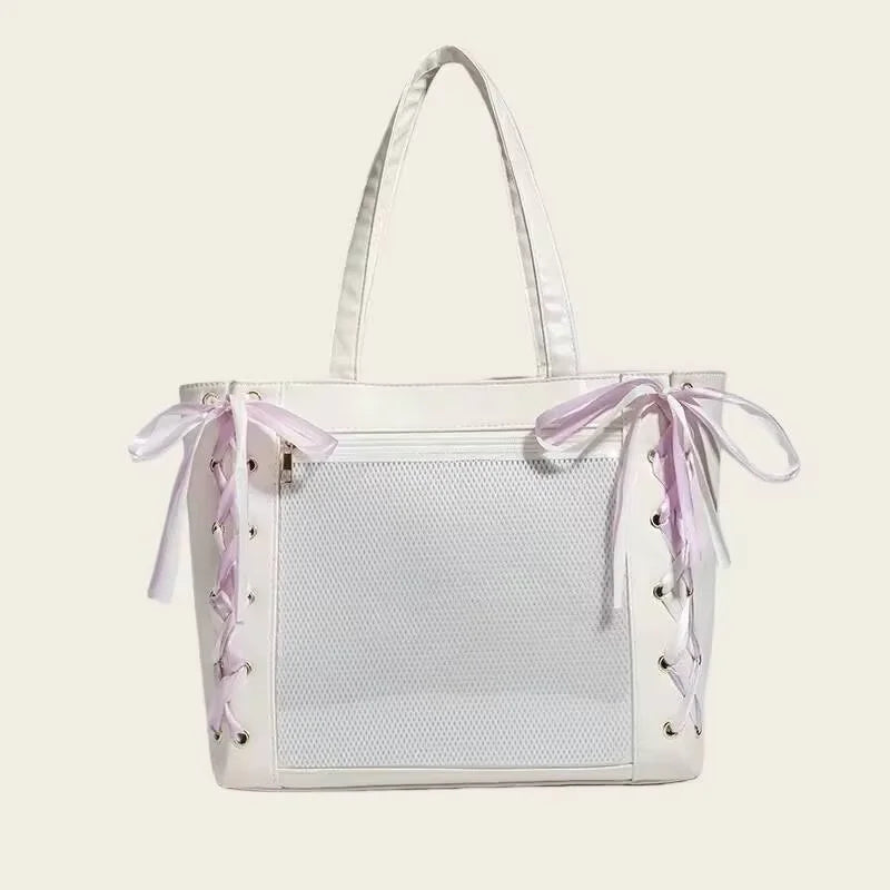 Japanese Sweet Women Ribbon Ita Bag Cute Lolita Girl Transparent Handbags Fashion Large Capacity Tote Bag Aesthetic Shoulder Bag