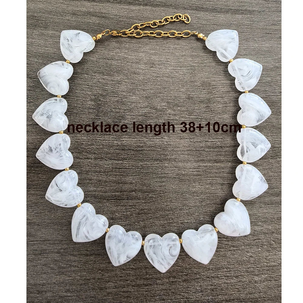 Big Love Heart Necklace Women Choker Statement Bracelet Gold Color Acrylic Beads Stainless Steel PVD Waterproof White Beige Red