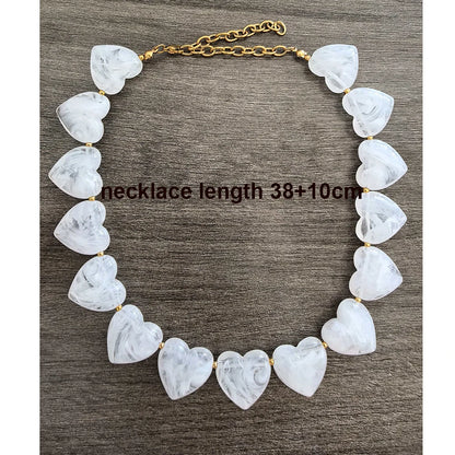 Big Love Heart Necklace Women Choker Statement Bracelet Gold Color Acrylic Beads Stainless Steel PVD Waterproof White Beige Red
