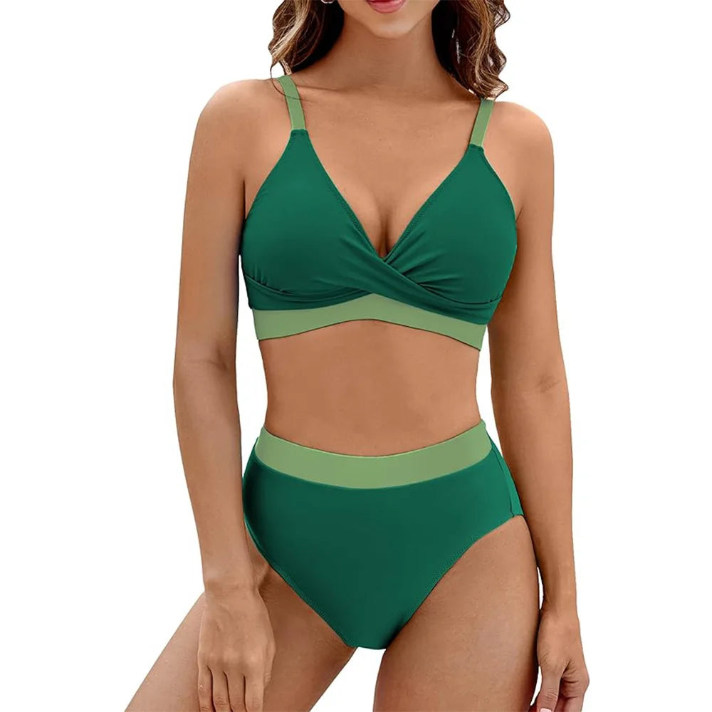 New Sexy High Waist Bikini 2025 Cross Backless Women Swimsuit Solid Tight Beachwear Bikini Set Seaside Sling Pool Swimwear