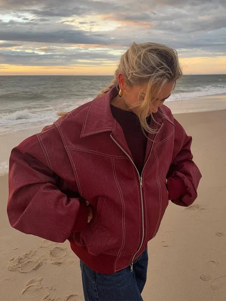 Solid Patchwork Cropped Coat Women Lapel Long Sleeve Loose Zipper Pockets Jacket Fashion Autumn Lady Casual Street Outerwear