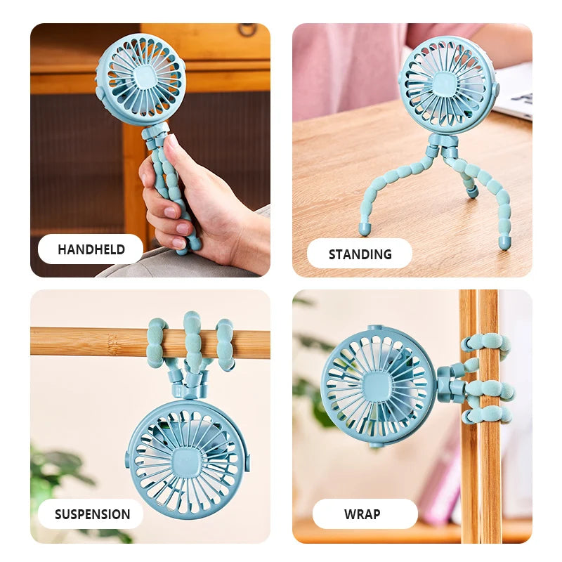 Octopus shape handheld fan standing, hanging and winding 4 forms night light design rechargeable long battery life mini student
