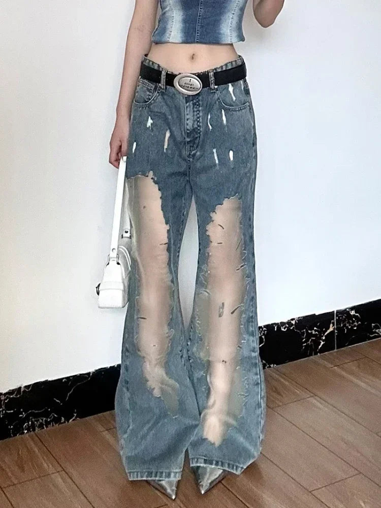 ADAgirl Spliced Hollow Out Casual Jeans for Women Y2k Streetwear Retro Baggy Kpop Boot Cut Denim Pants Harajuku Hip Hop Trousers
