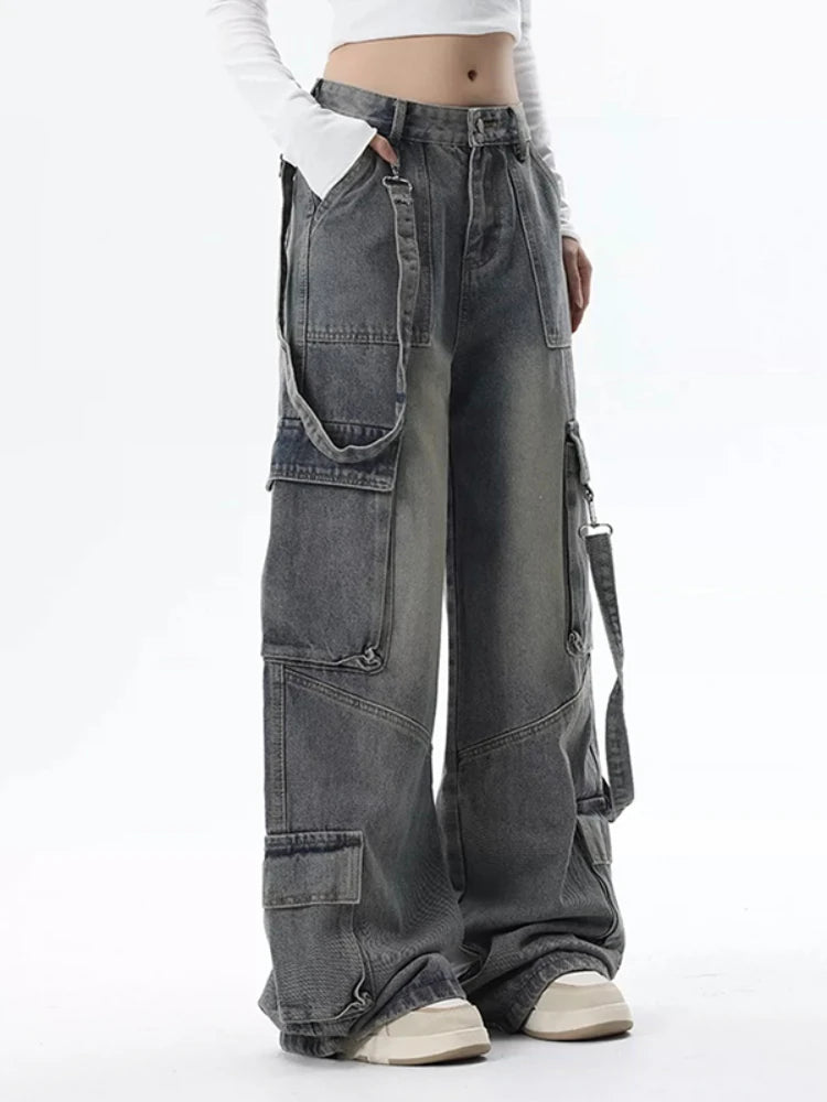 Cargo Jeans for Women Baggy High Street Chic All-match Daily Vintage Ins Waist Trousers Autumn Popular Multi-pockets Classic