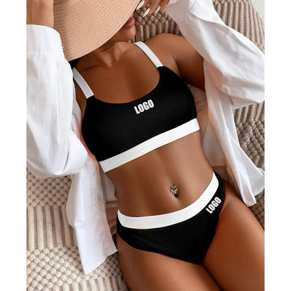 Custom LOGO women's clothing new special fabric threaded pit strip bikini color matching split swimsuit explosion