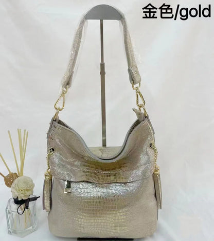 100% Genuine Leather Women's Shoulder Handbags Shiny Embossed Lady Suede Cowhide Real Leather Bags New Cross Body Bucket Bag